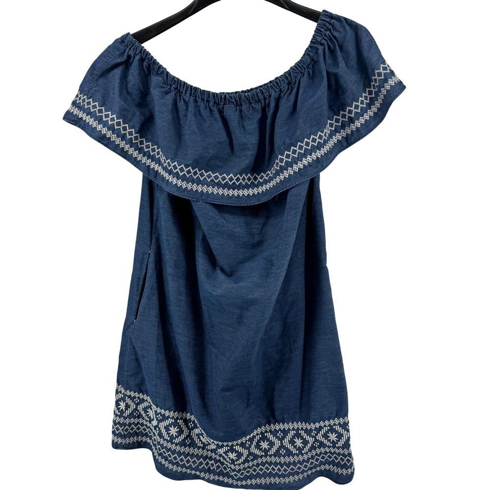 Off Shoulder Dress Woman 1X Blue‎ Cotton Embroidered Chambray Boho Pockets
